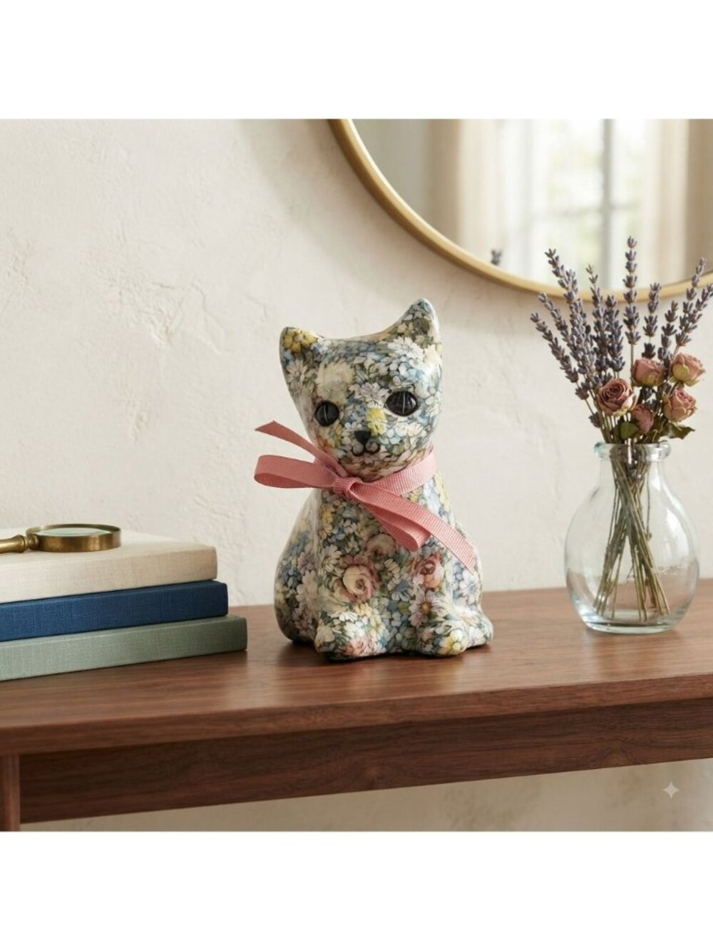 Vintage Strawberry Patchworks Florida Floral Decoupage Cat Figurine Ribbon 5.5"